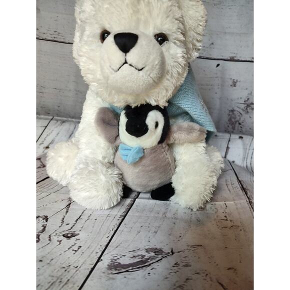 Polar Bear Plush Holding Penguin White With Blue Scarf The Bearington Collection - Picture 2 of 10